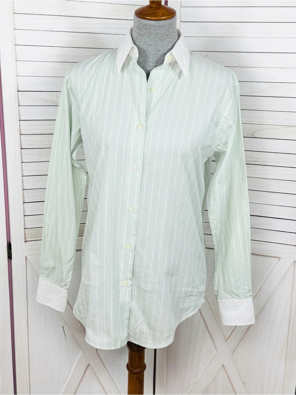Lauren Ralph Lauren Pinstripe Button Up‎ Shirt Green White Size 6 Preppy Oxford